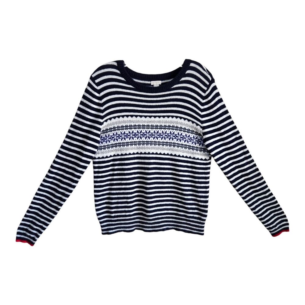 J CREW Women S/M Sweater Fair Isle Indigo Snow Navy White Merino Wool Blend 36"